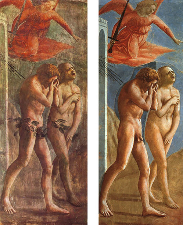 Мазаччо “Вигнання з раю”. 1420-ті. До і після реставрації в 1980 році. Ілюстрація з artguide.com
